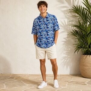 Mens Hawaiian Floral Polo Shirt Blue Tropical Resort Coastal Vacation Golf XL